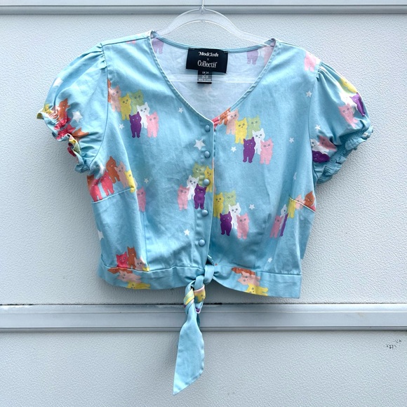 ModCloth X Collectif Cat Top Women L 10 Blue Multi Tie Button Front Puff Sleeves - Picture 6 of 13